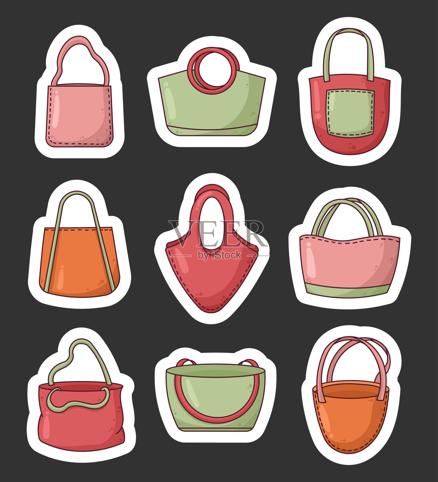 可重复使用的购物袋。贴纸书签。购物的手提包。“零浪费”。手绘风格。矢量图。设计元素的集合。插画图片素材