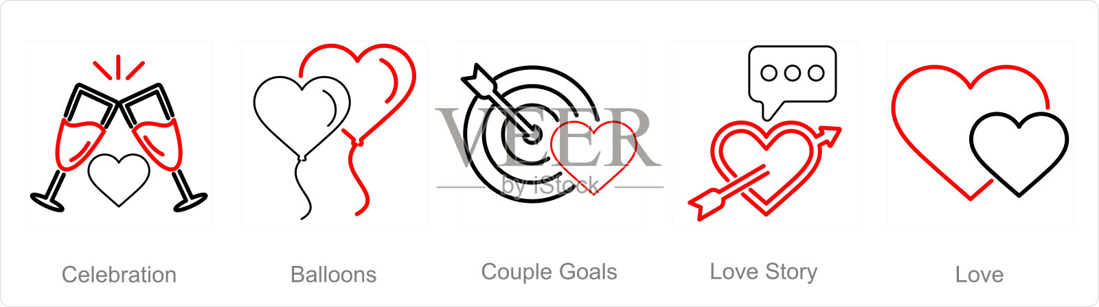 一套5个蜜月图标作为庆祝，气球，夫妻目标插画图片素材