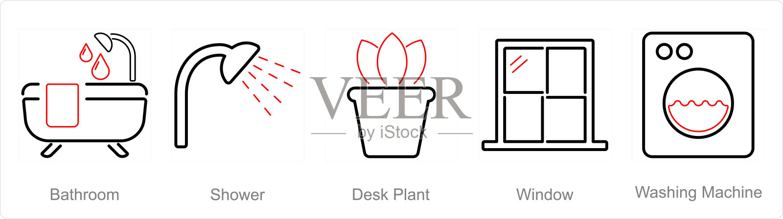 一套5个家庭室内图标作为浴室，淋浴，书桌植物插画图片素材