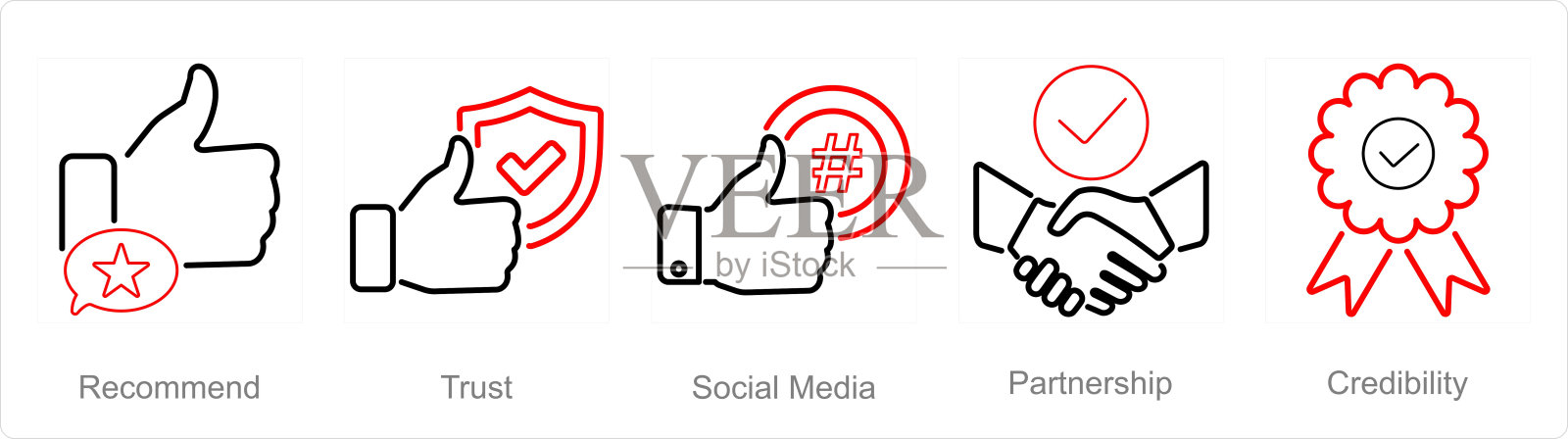 一组5个有影响力的图标作为推荐，信任，社交媒体插画图片素材