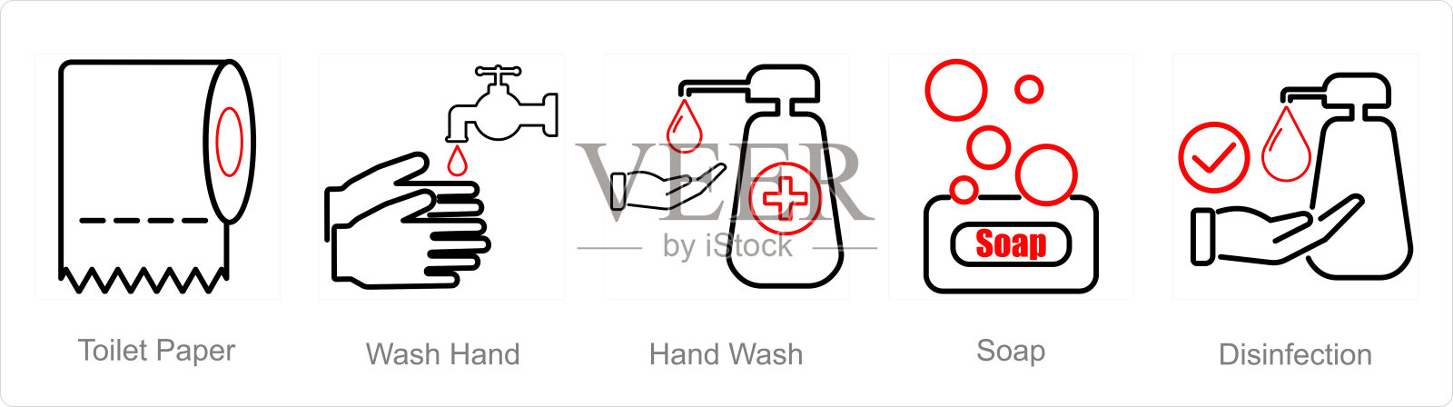 一套5个卫生图标如厕纸、洗手、洗手插画图片素材