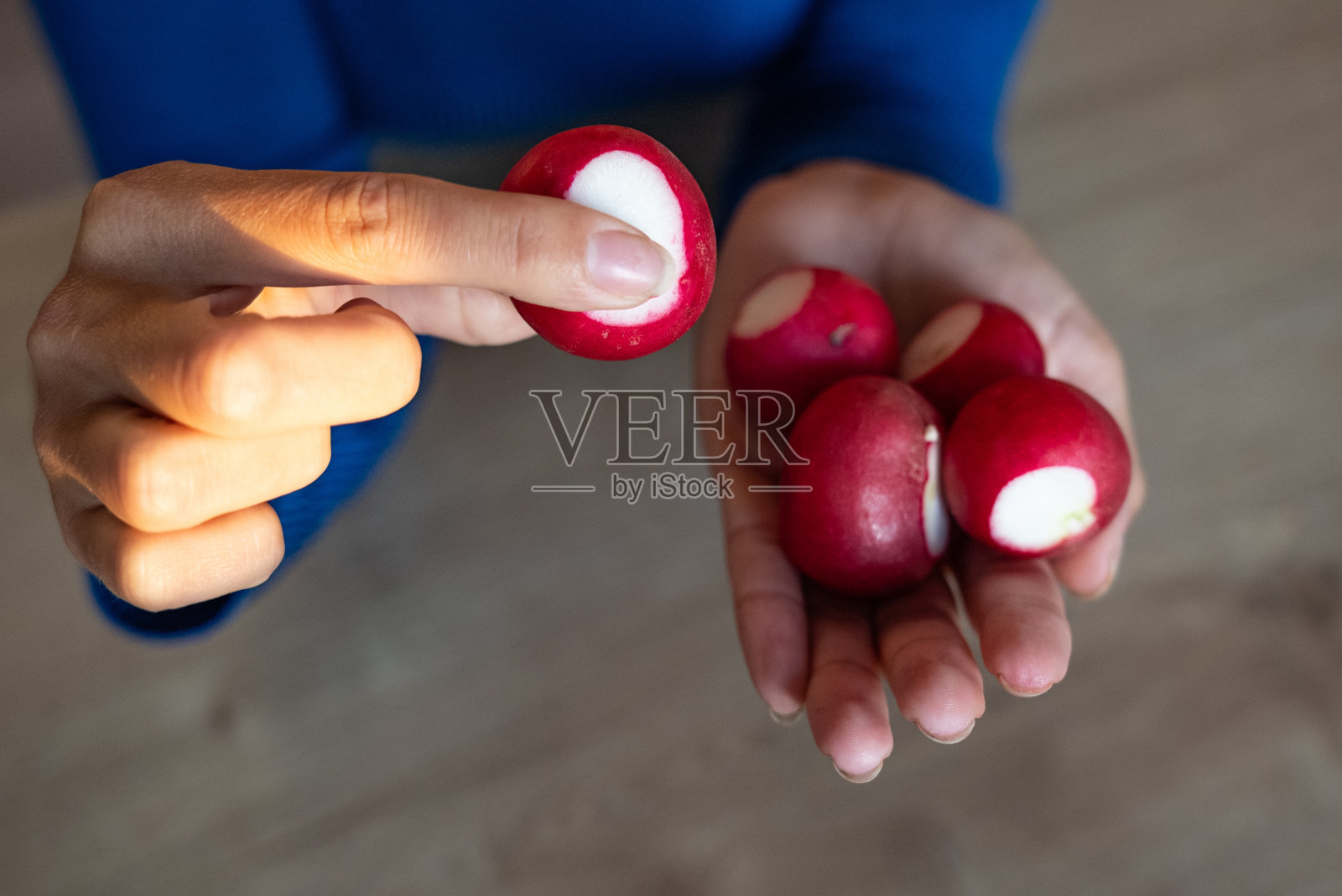 这个女人手里拿着蔬菜。这个女孩拿着一个萝卜。女人手里的萝卜。红色的萝卜照片摄影图片