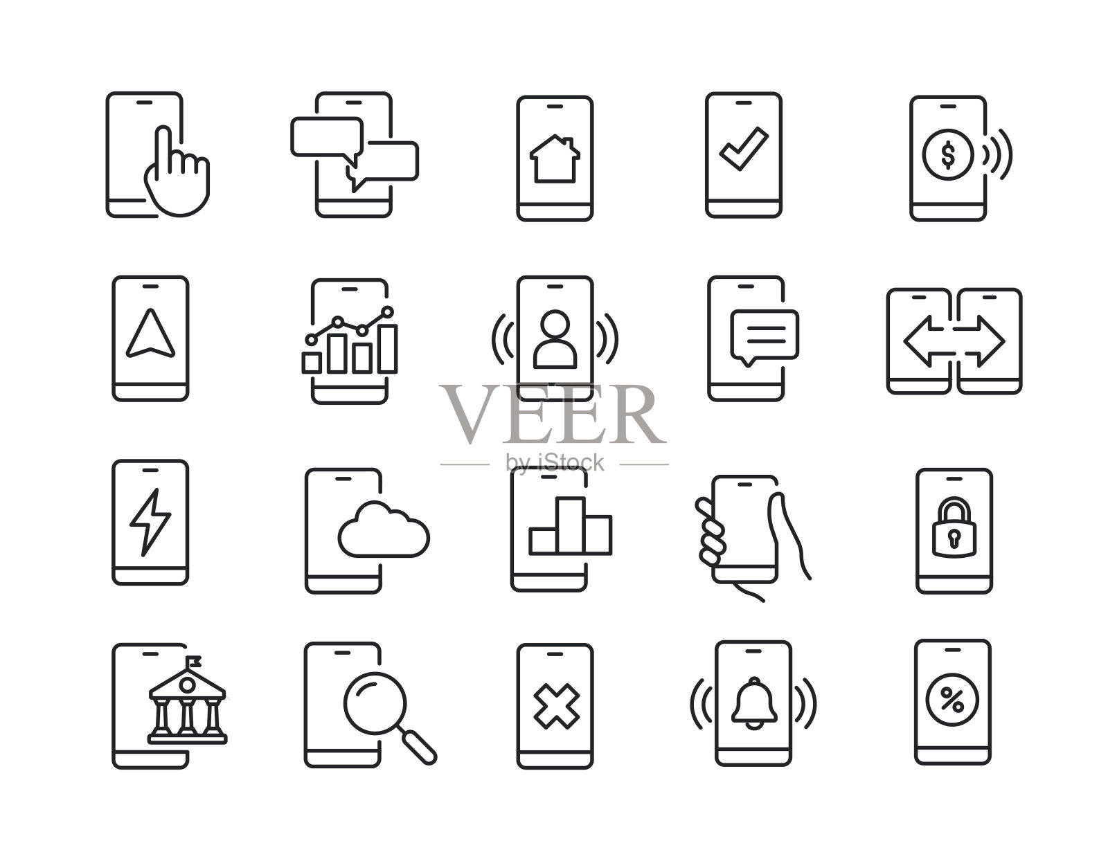 智能手机功能，手机细线图标。可编辑的中风。网站营销设计，logo, app，模板，ui等。矢量插图。插画图片素材