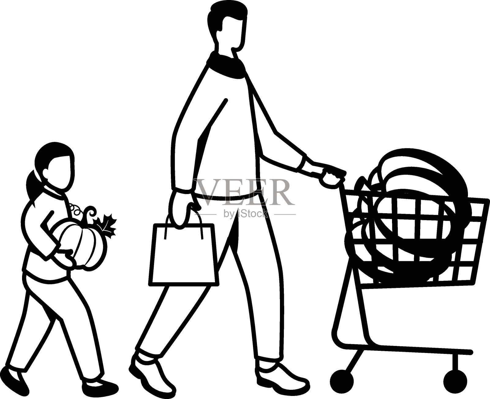 女儿和父亲买的南瓜概念，万圣节购物矢量图标设计，感恩节标志，家庭团聚标志，年度公告和纪念活动股票插图插画图片素材