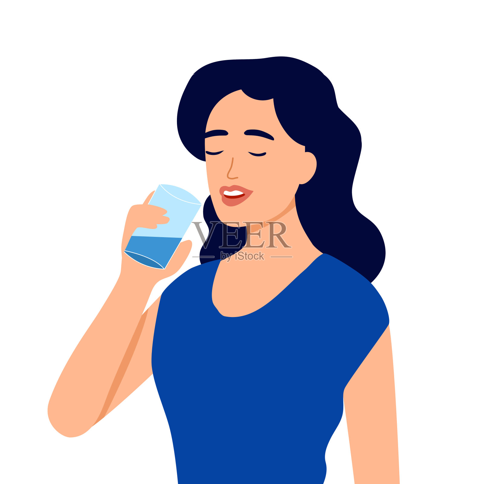 年轻女子在饮水平面设计在白底。插画图片素材