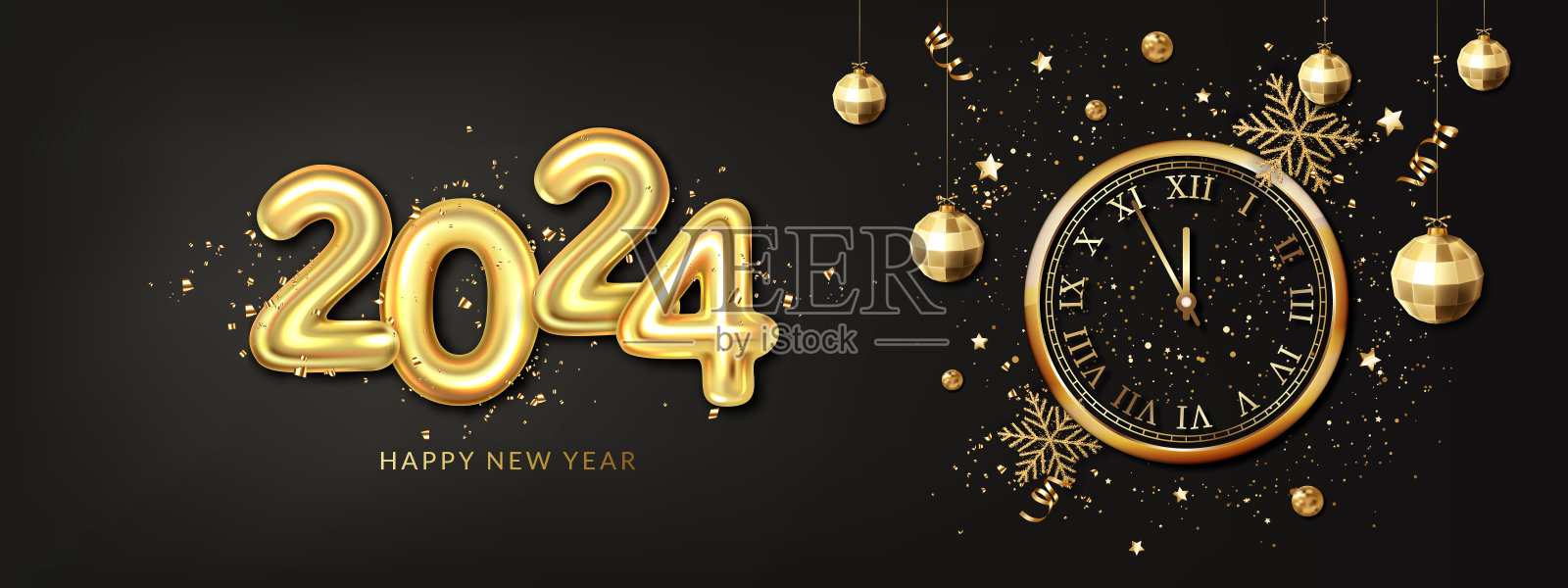 2024年新年贺卡，有新年钟、新年球、新年雪花、新年彩带和新年纸屑。插画图片素材