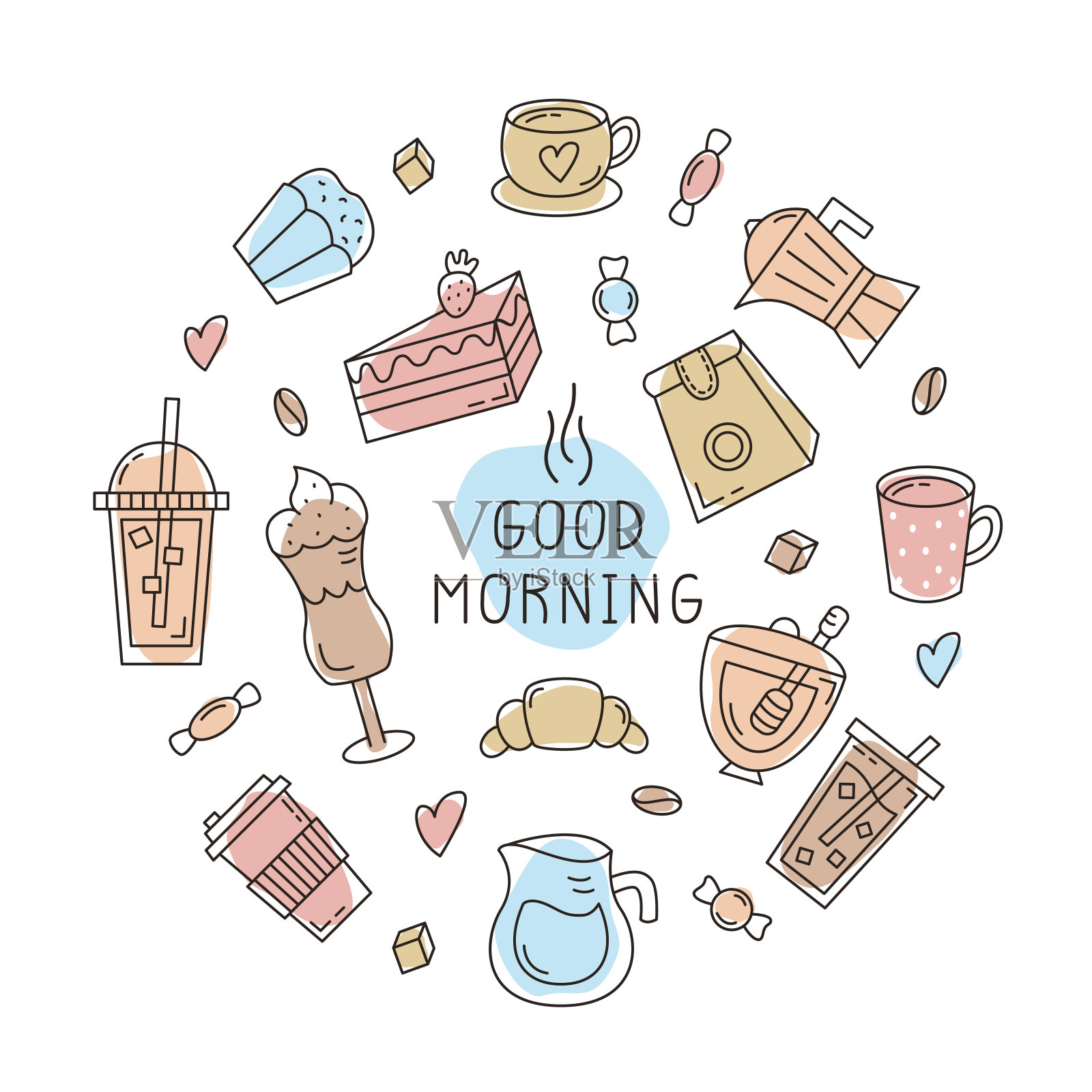 带有软色点的咖啡涂鸦。茶，热饮手绘素描。一杯咖啡画可爱的字母早上好。插画图片素材