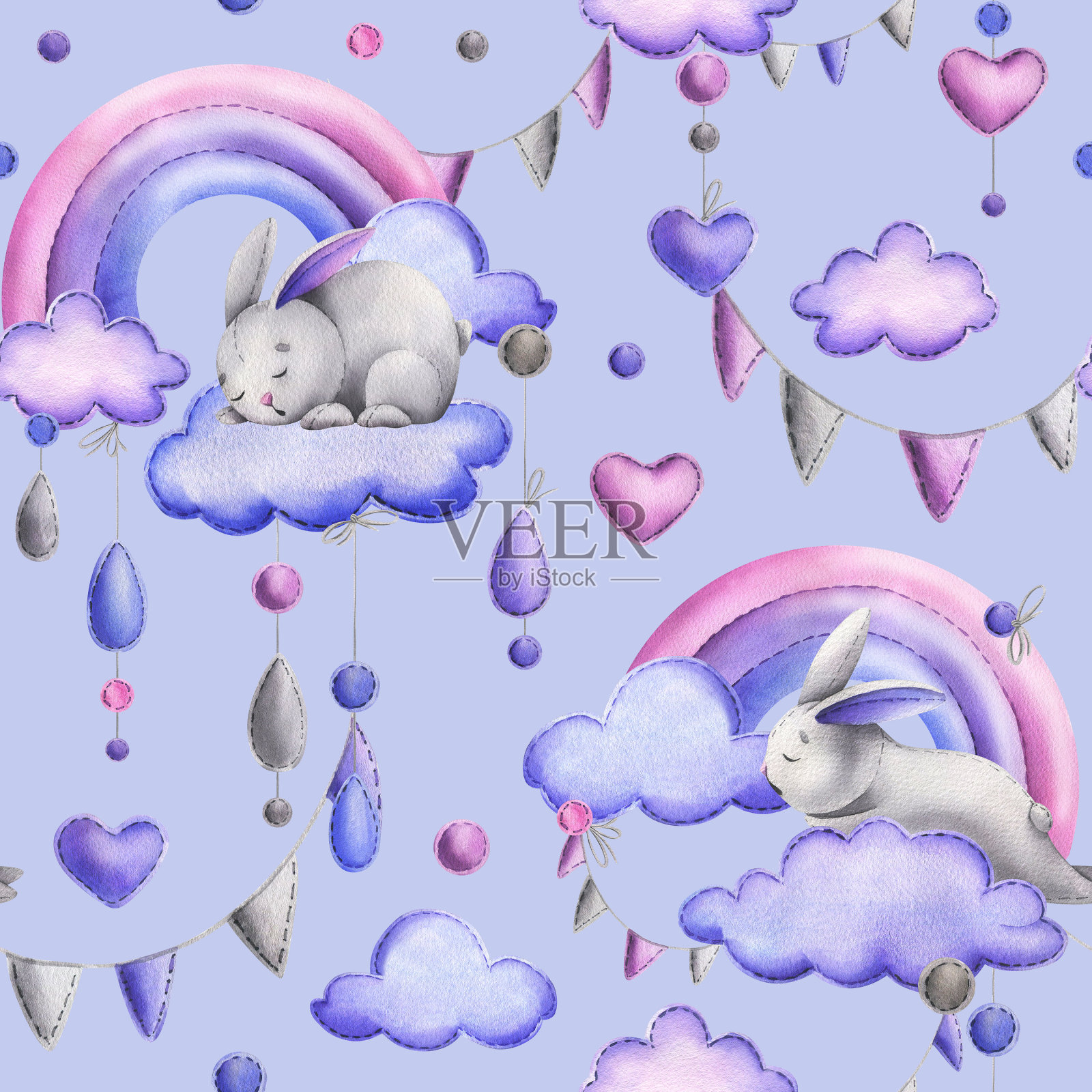 可爱的兔子，用针线缝制，睡在彩虹上，有云，挂着雨滴。水彩插图手绘。蓝色背景上的无缝图案插画图片素材