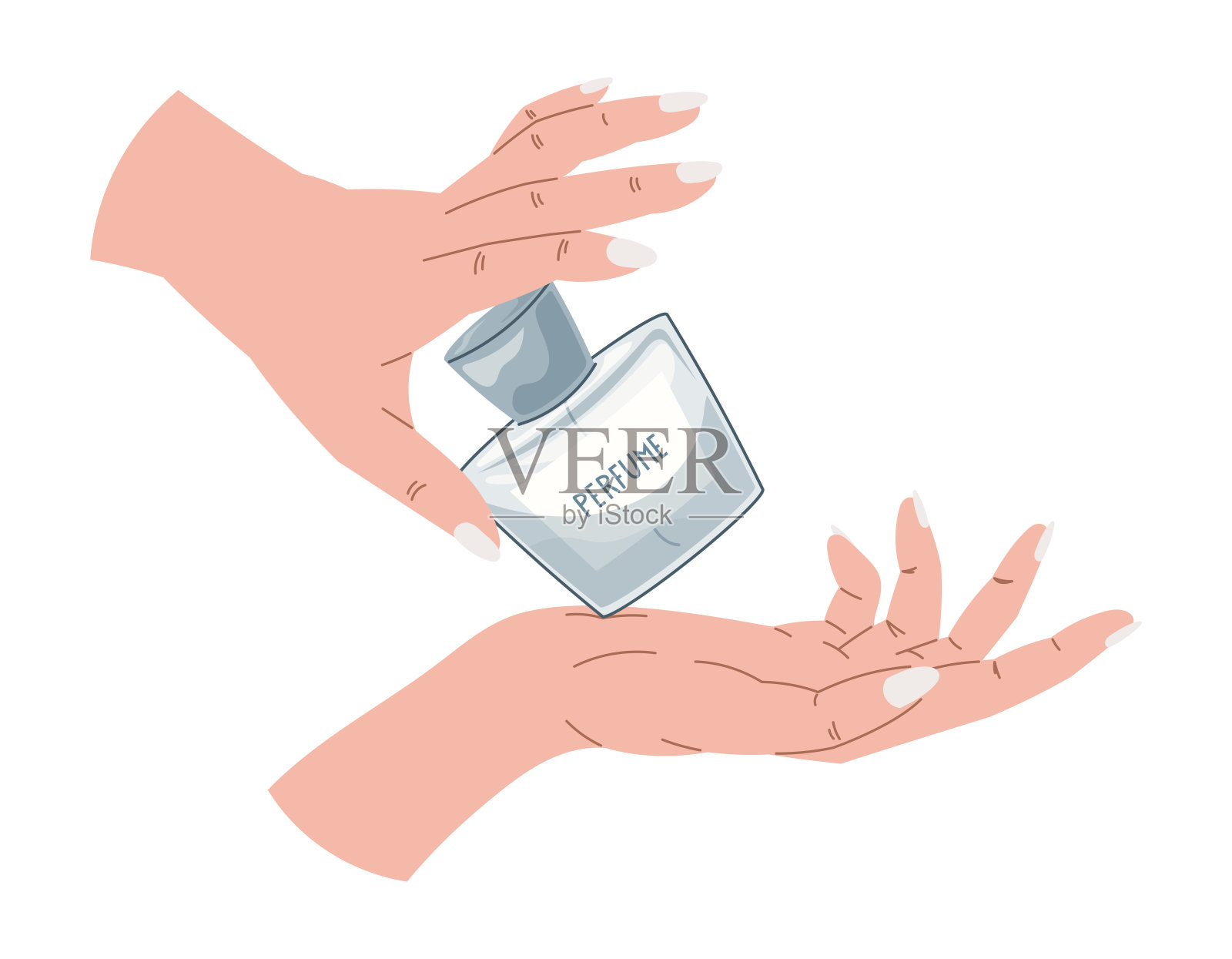 优雅的女性手与指甲拿着一个玻璃蓝色的瓶子香水。矢量孤立时尚插图，芬芳的淡香水。插画图片素材