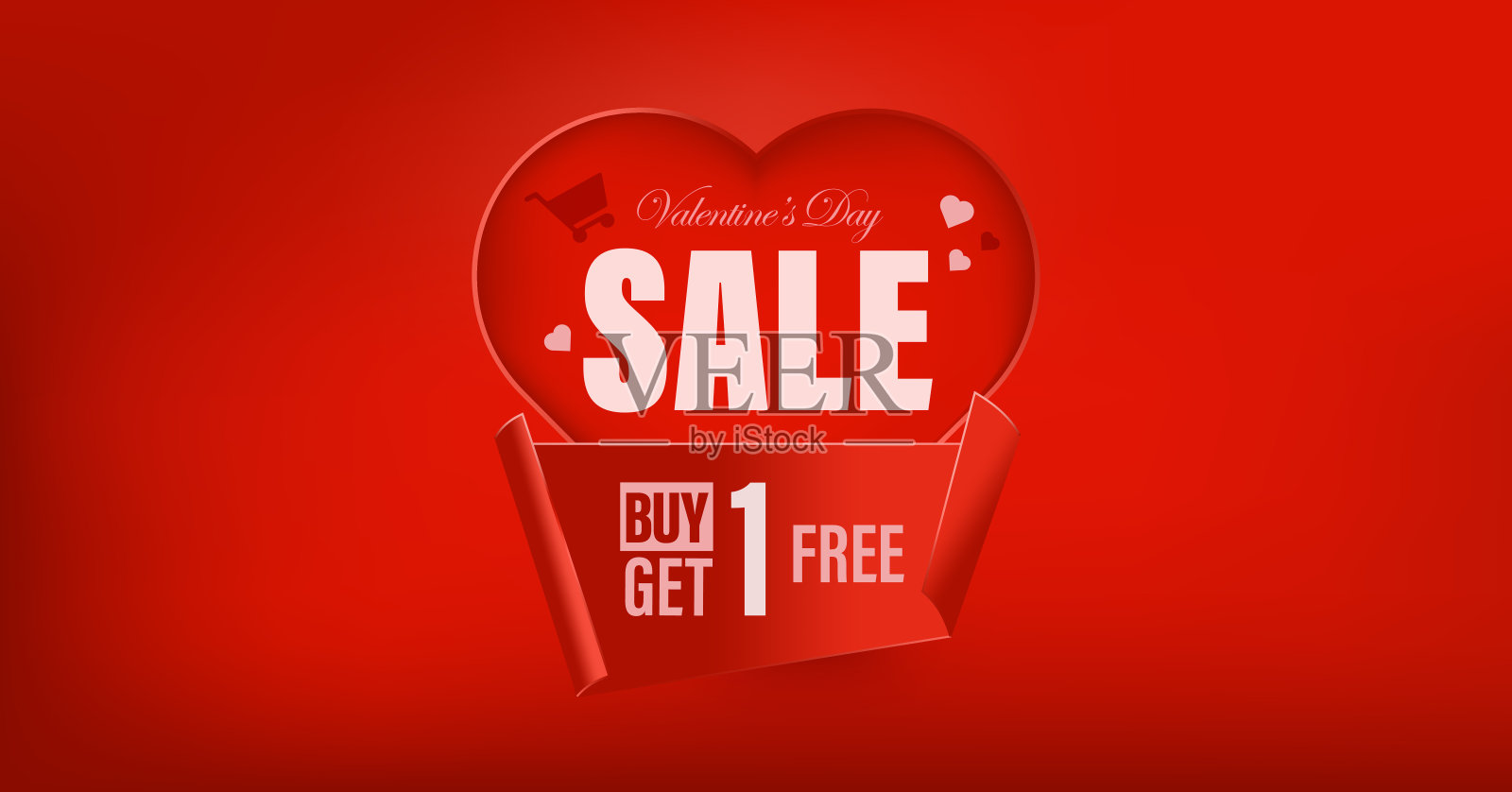 情人节特价，买一送一。赠送促销横幅。红色背景上的心。促销和购物模板。插画图片素材