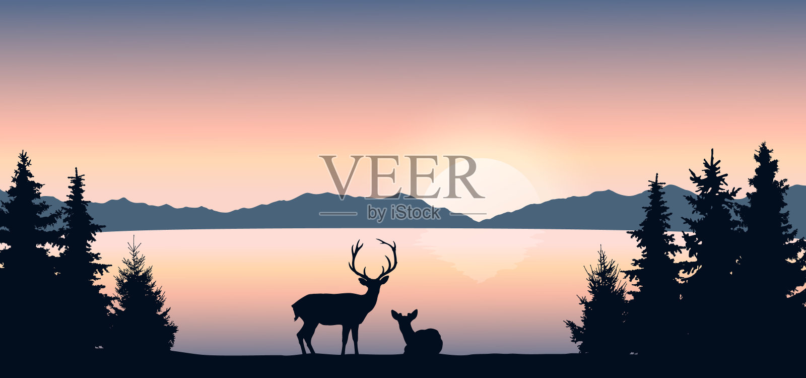 湖的背景上有马鹿的黑色剪影。插画图片素材