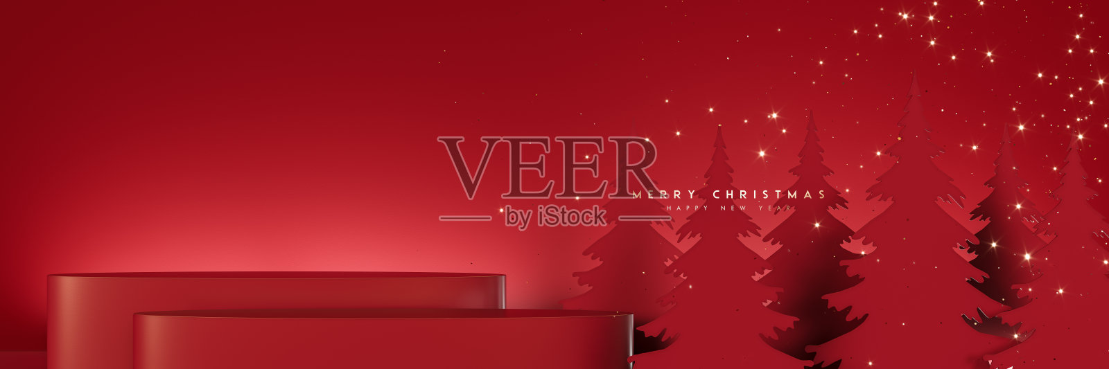 空的红色圣诞讲台上的产品展示。红色圣诞背景与模拟空间和装饰。照片摄影图片