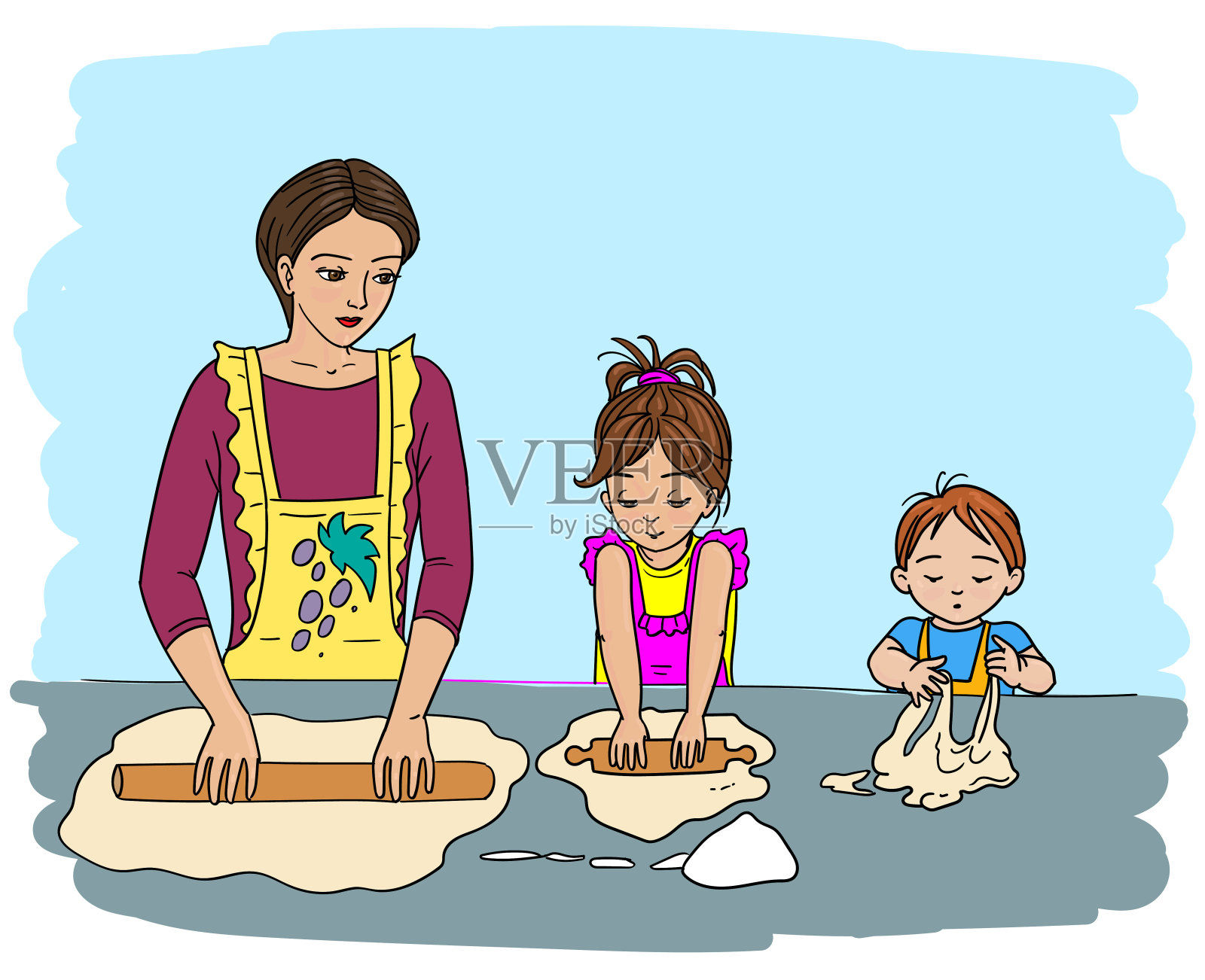 母亲带着女儿和儿子揉面插画图片素材