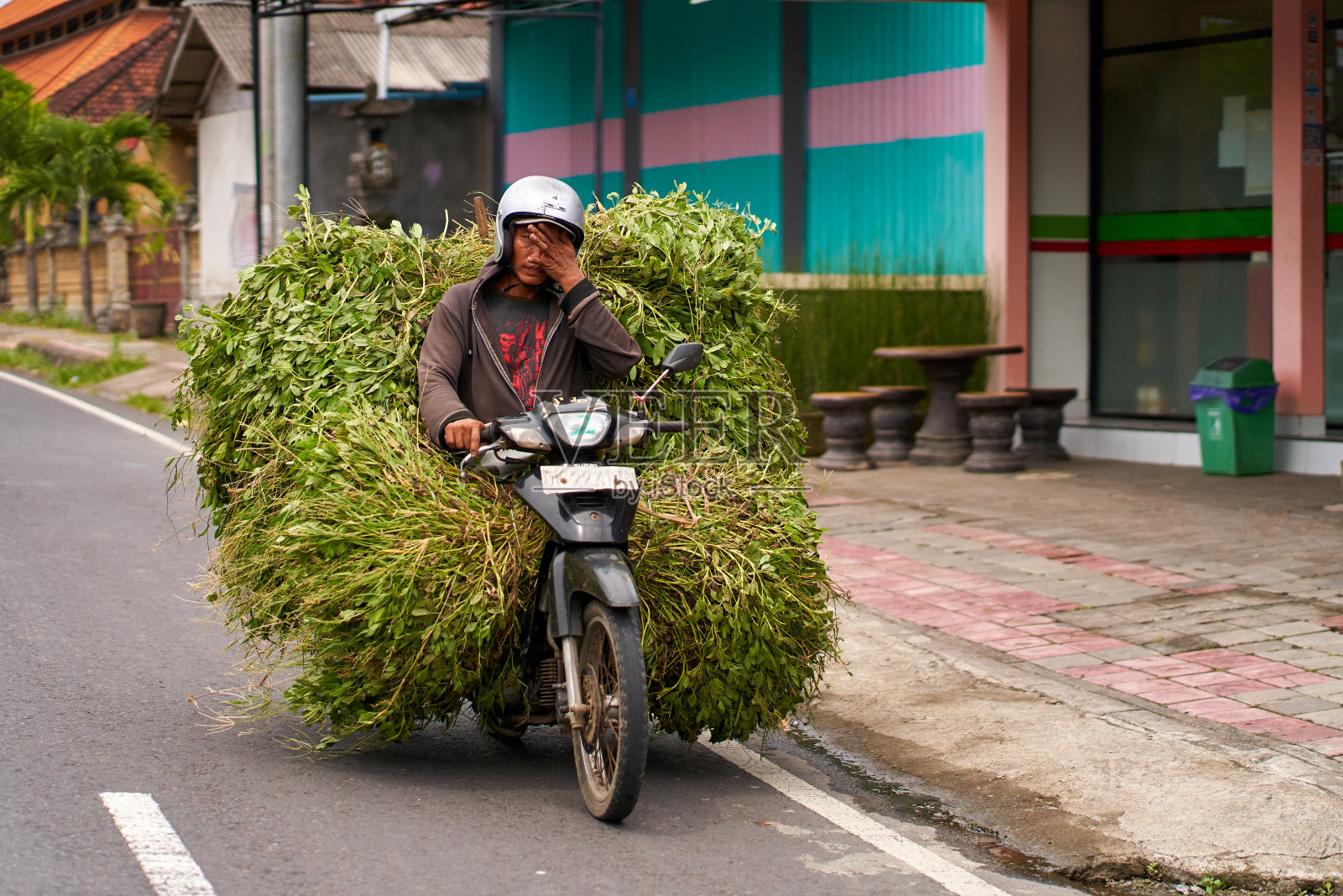 一名男子骑着摩托车，车上装满了田野里的草。照片摄影图片