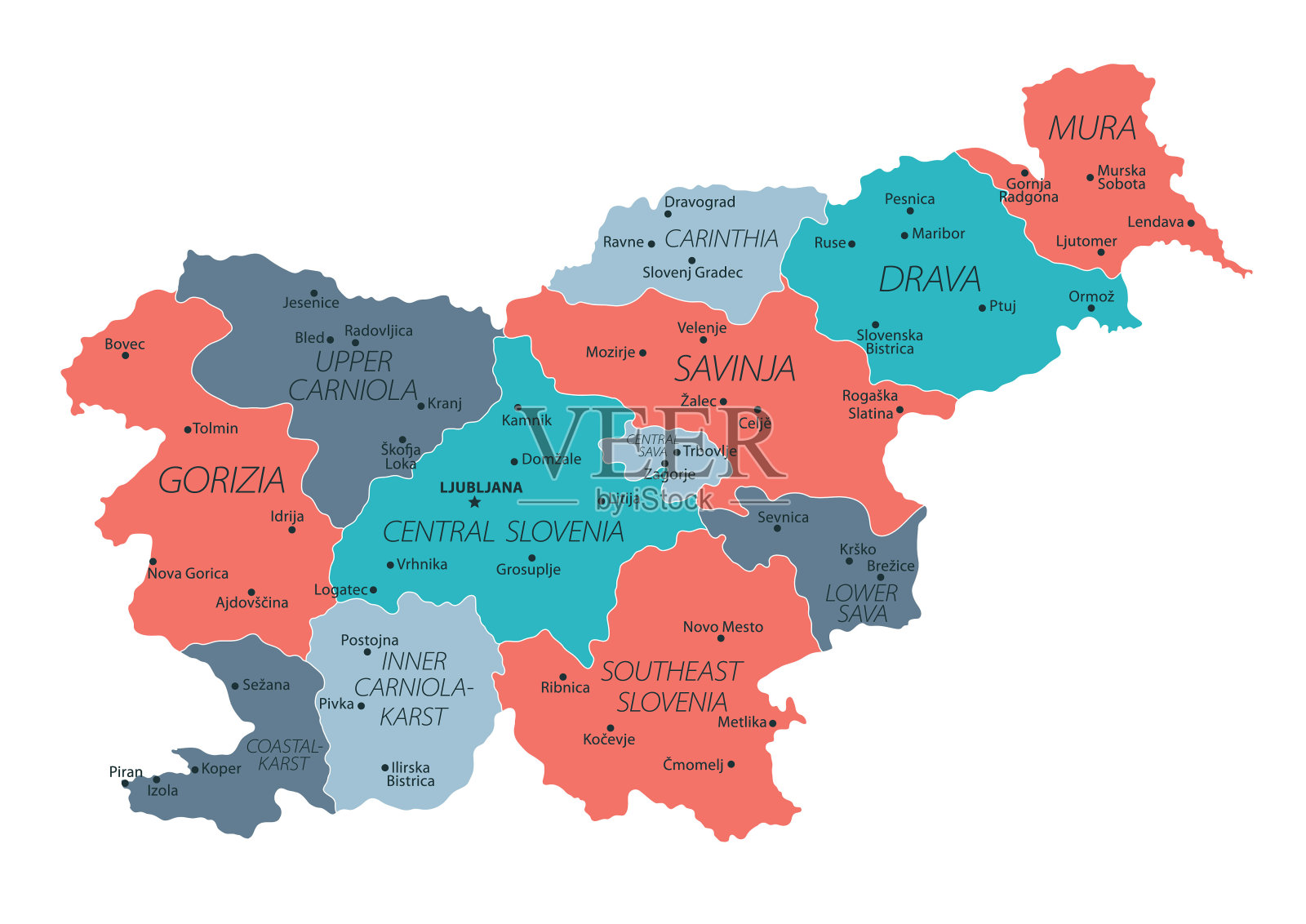 斯洛文尼亚的地图。斯洛文尼亚矢量彩色地图插画图片素材