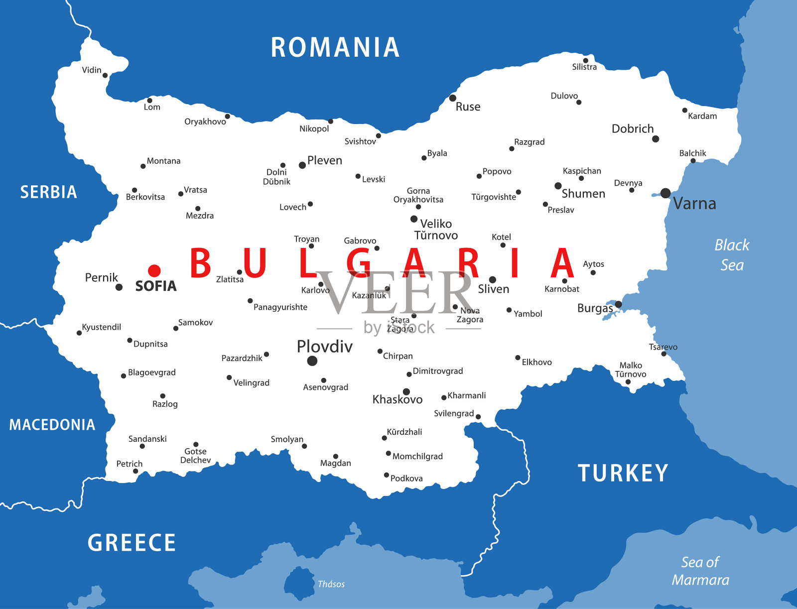 保加利亚的地图。矢量保加利亚彩色地图插画图片素材