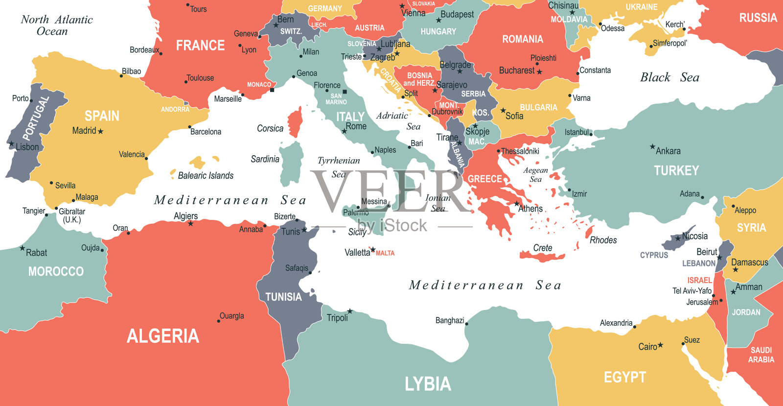 地中海区域地图。地中海地区矢量彩色地图插画图片素材