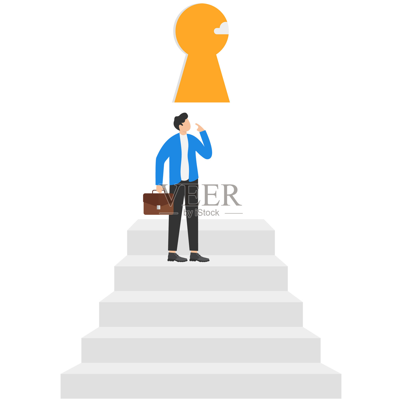 机遇之门，事业发展或商业决策为新的挑战理念，商人思考如何到达门的位置插画图片素材