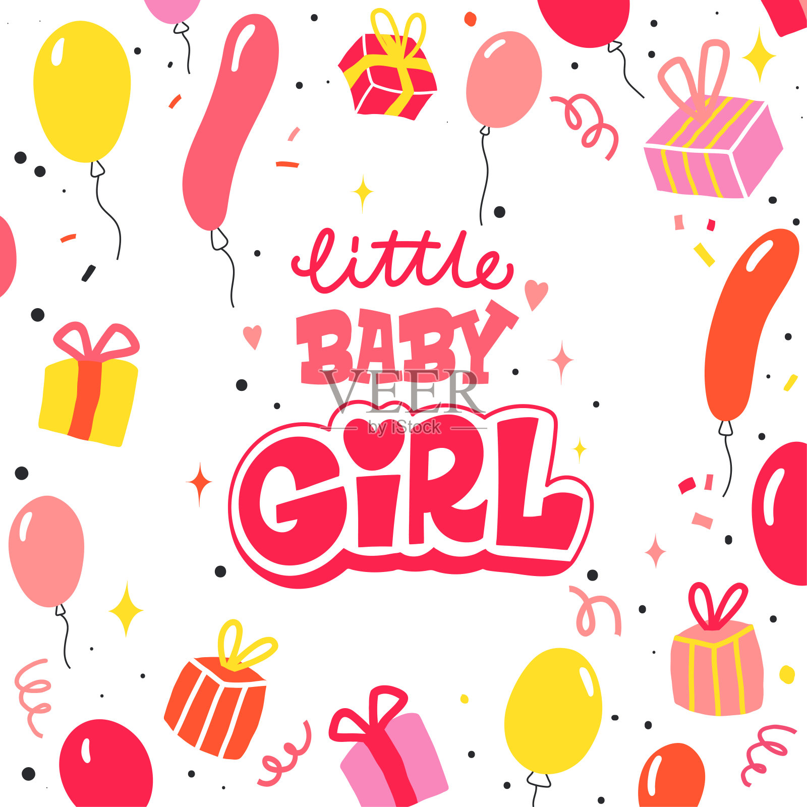 小女孩。孩子们，生日快乐。手刻字。儿童贺卡的背景插画图片素材