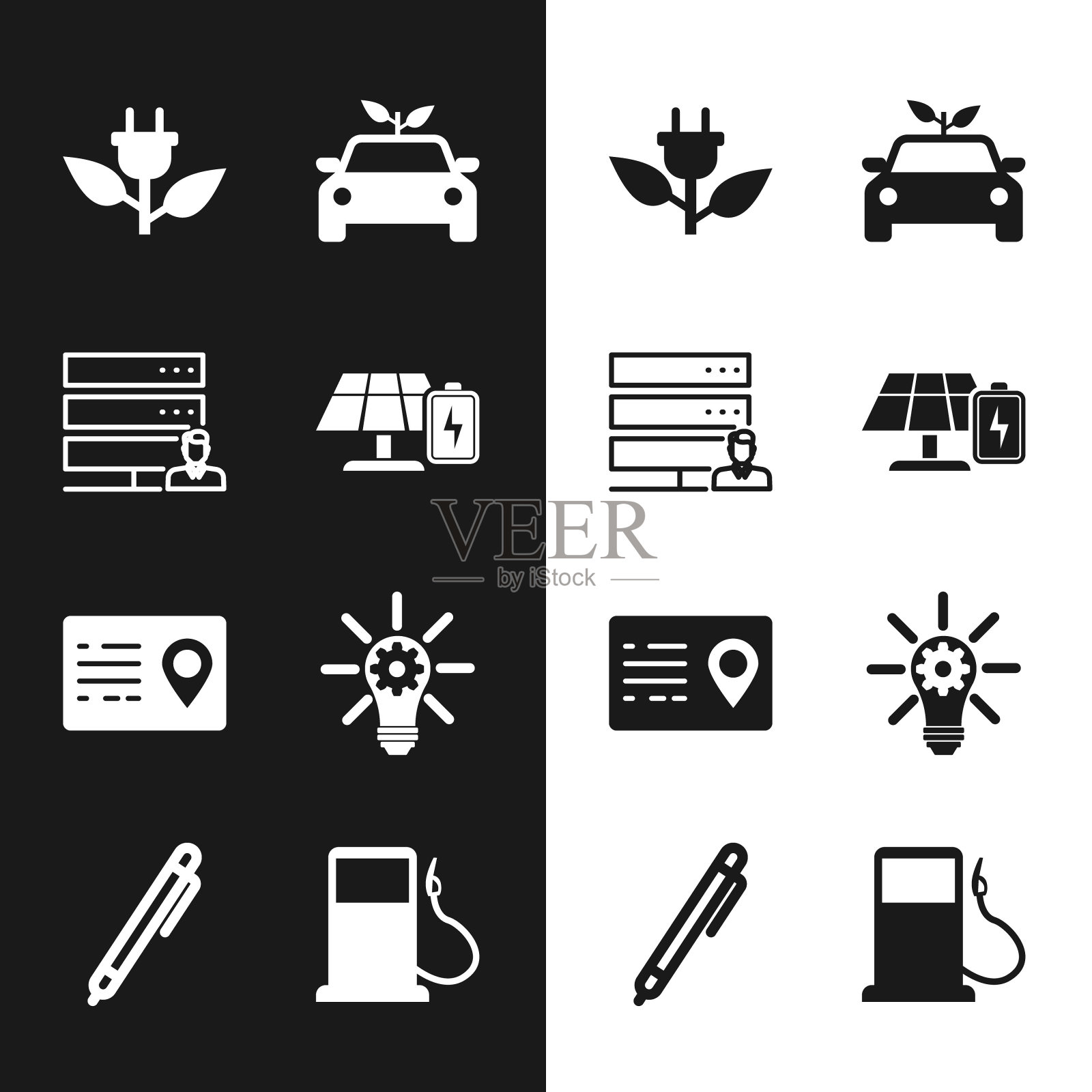 集太阳能电池板和电池，客户服务服务器，节电插头叶，生态概念驱动，地址簿，灯泡齿轮，汽油或加油站和笔图标。向量插画图片素材