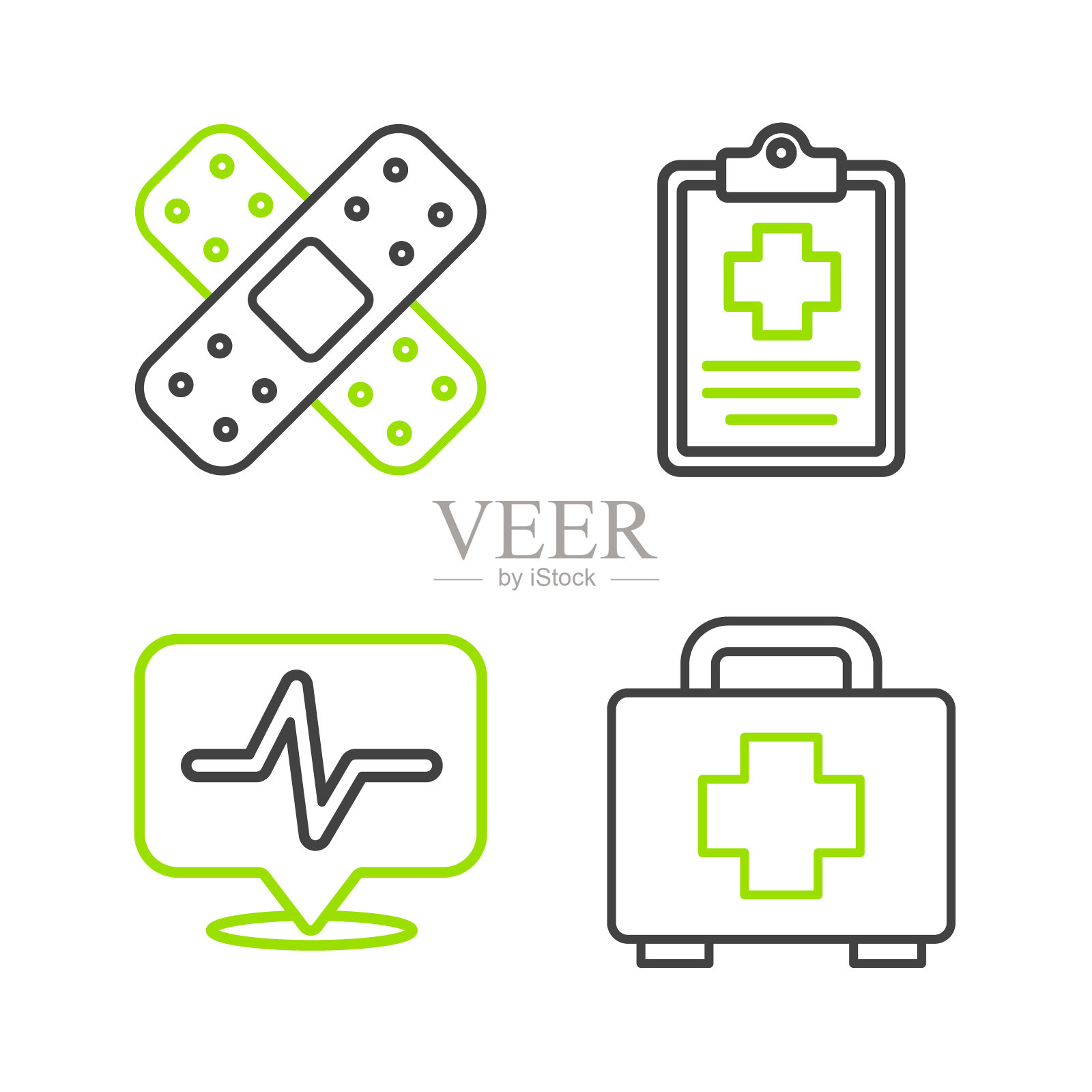 设置急救箱，心率，病人记录和交叉绷带石膏图标。向量插画图片素材