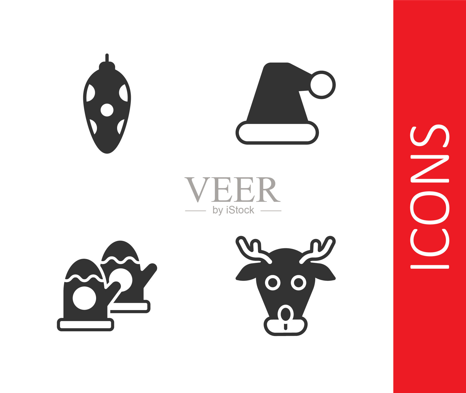 集驯鹿，圣诞玩具，手套和圣诞老人帽子图标。向量插画图片素材