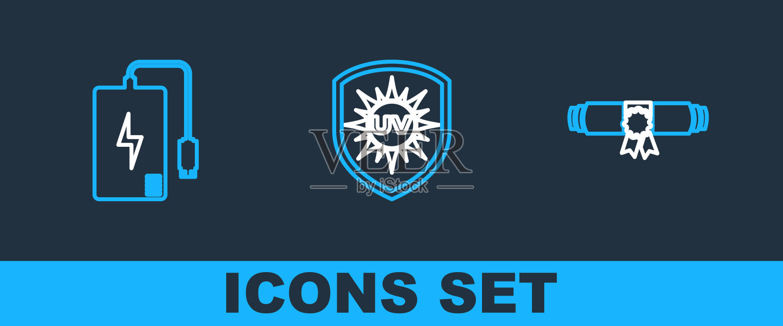 设置线文凭卷卷，智能手机电池充电和紫外线防护图标。向量插画图片素材