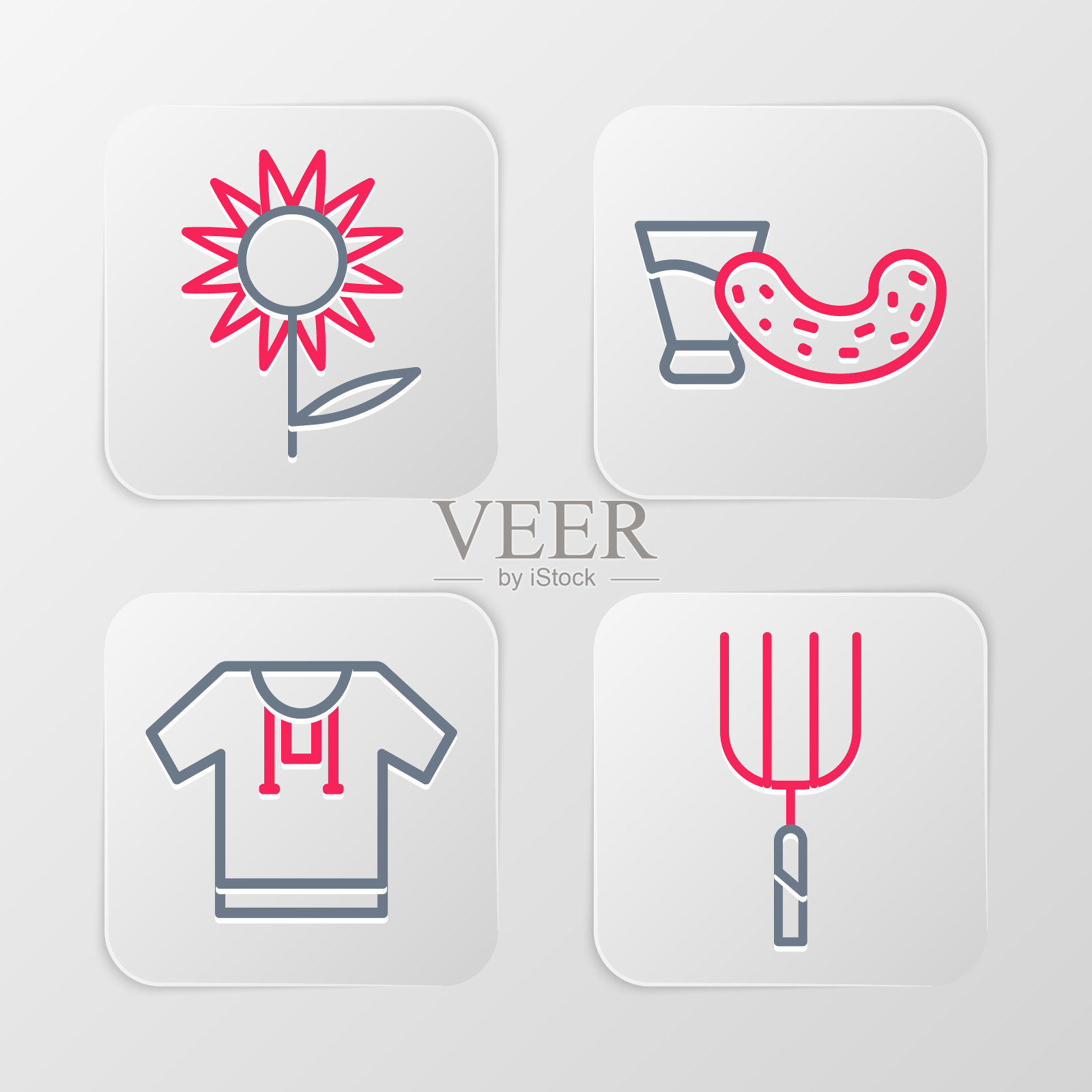 设置线花园干草叉，刺绣衬衫，玻璃杯与伏特加和向日葵图标。向量插画图片素材