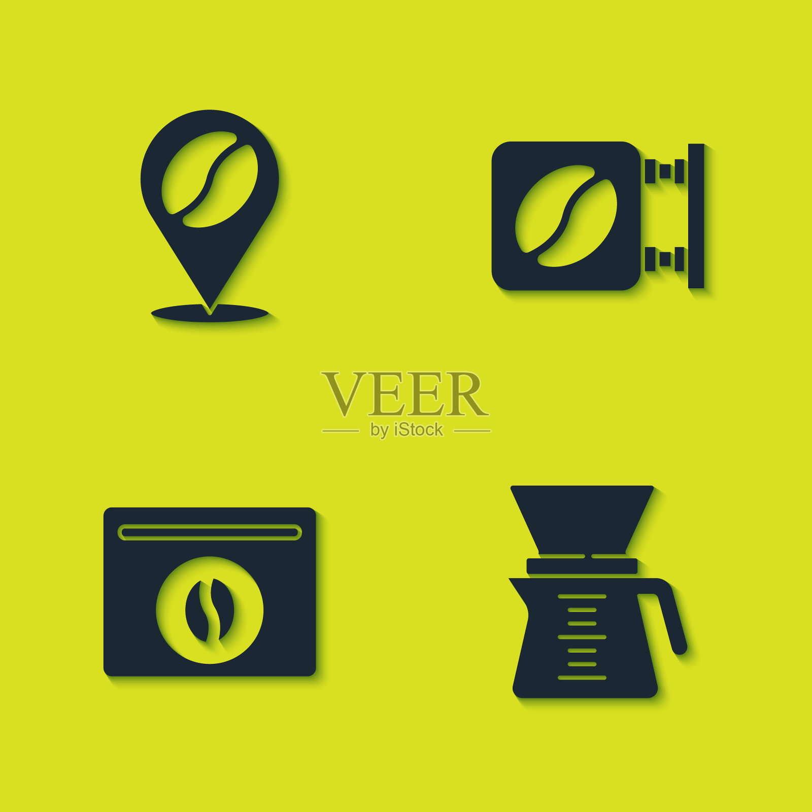 设置位置与咖啡豆，Chemex，袋豆和街道招牌图标。向量插画图片素材