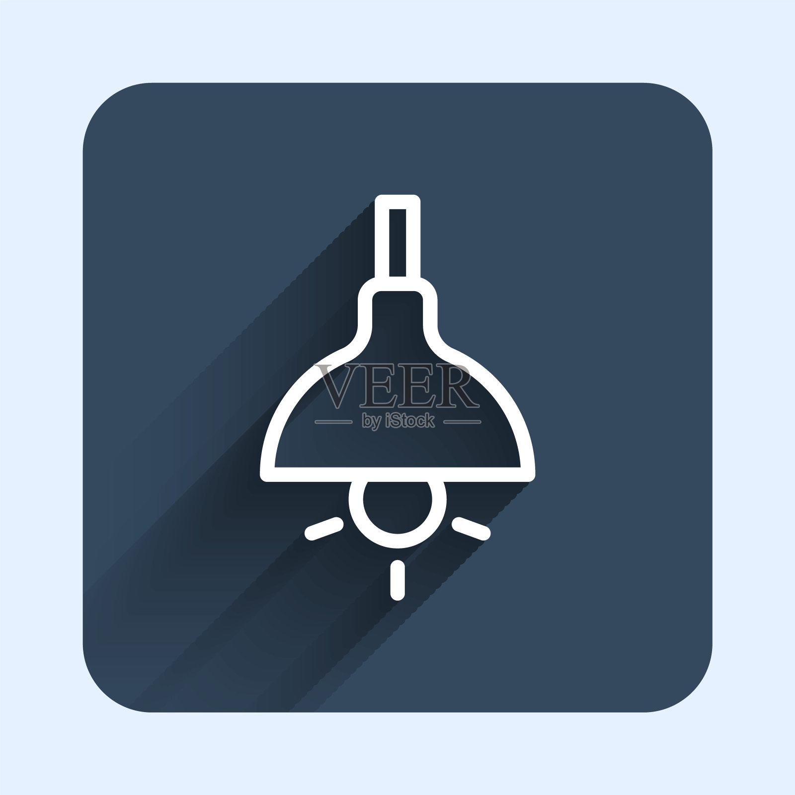 白线灯悬挂图标与长阴影背景隔离。顶灯灯泡。蓝色方形按钮。向量插画图片素材