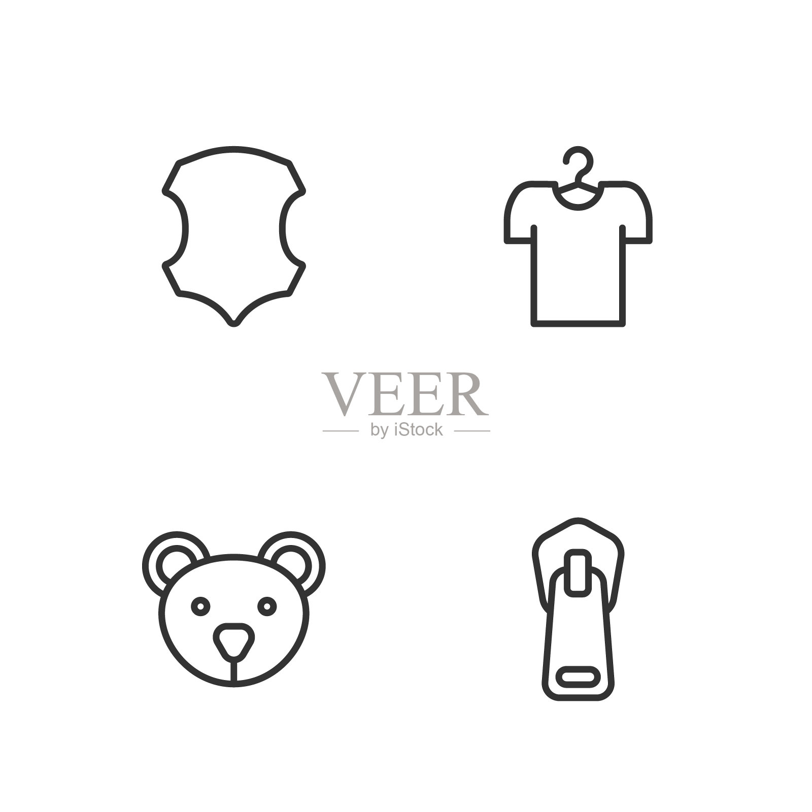 设置线拉链，泰迪熊毛绒玩具，皮革和t恤上的衣架图标。向量插画图片素材