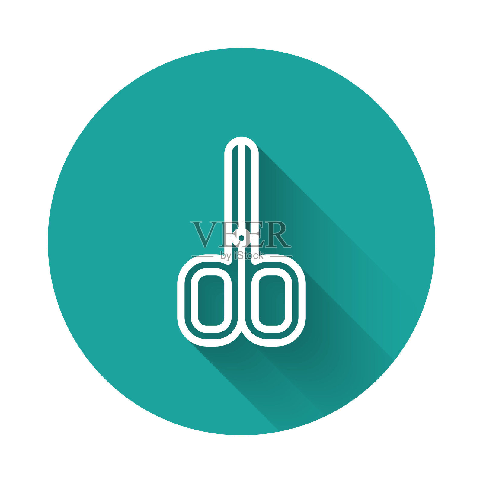 白线指甲剪刀图标孤立的长阴影背景。修指甲和修脚剪刀。绿色圆形按钮。向量插画图片素材