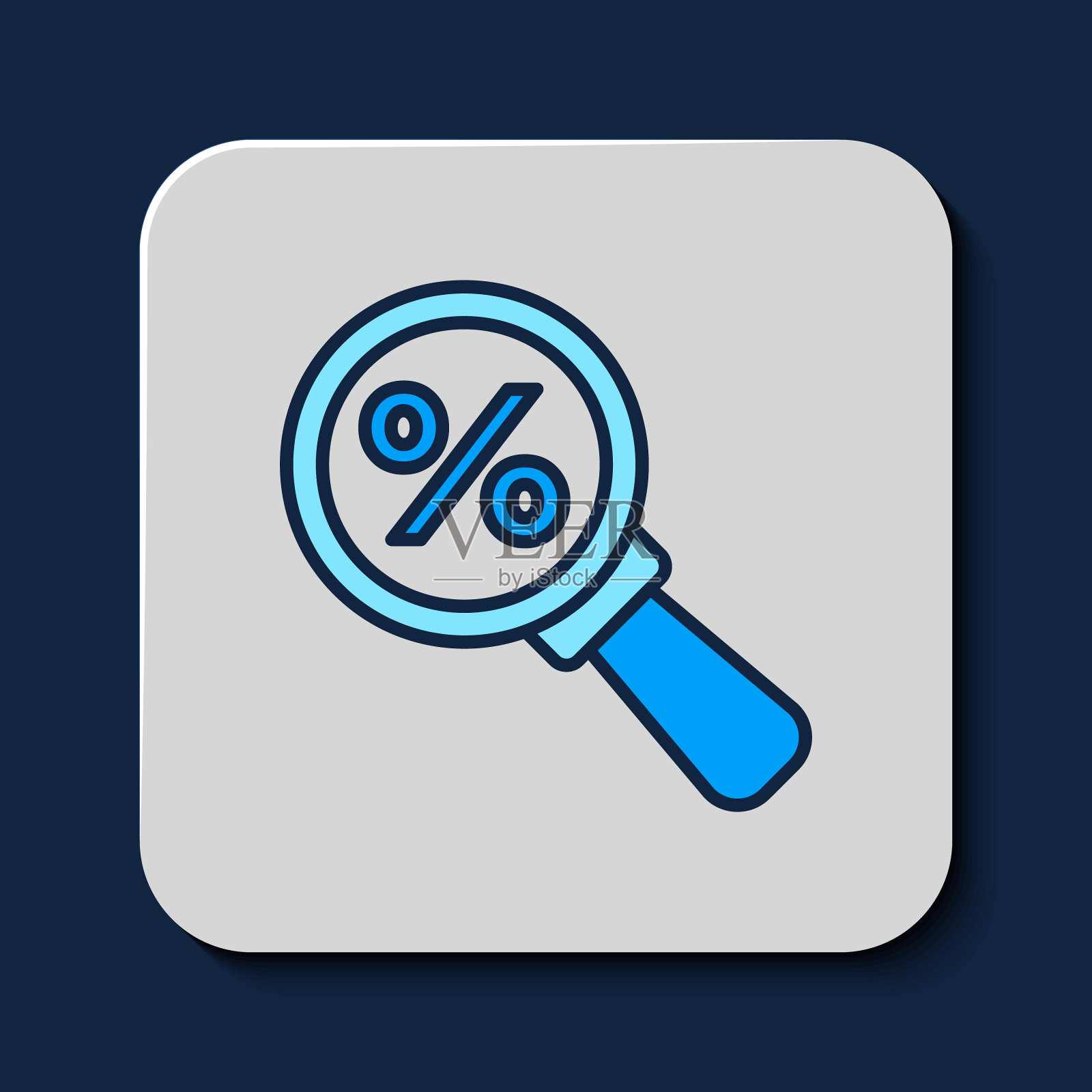 填充轮廓放大镜与百分比图标隔离在蓝色背景。折扣优惠搜索。搜索打折销售标志。向量插画图片素材