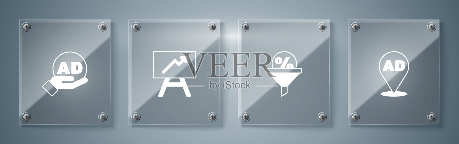 集广告，领导管理，板与图表和。方形玻璃板。向量插画图片素材