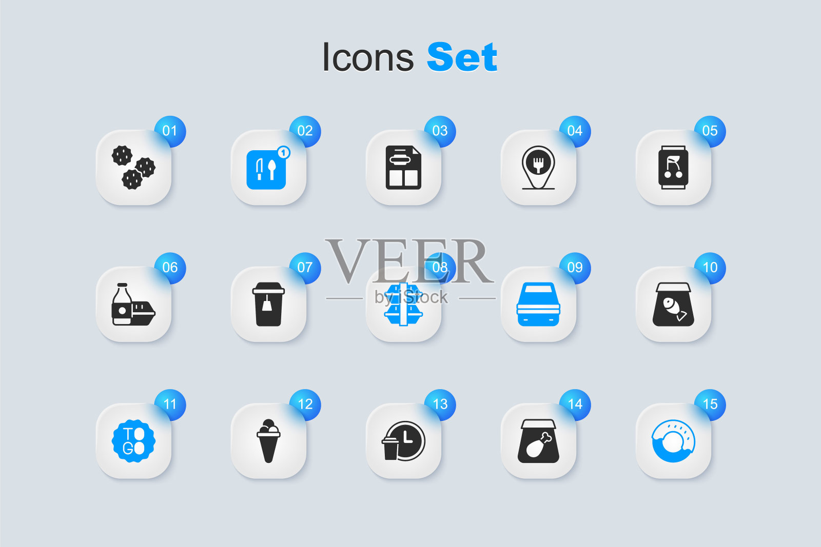 设置在线订购餐，一杯茶，食物，咖啡杯去，甜甜圈，鱼，饼干饼干和午餐盒图标。向量插画图片素材