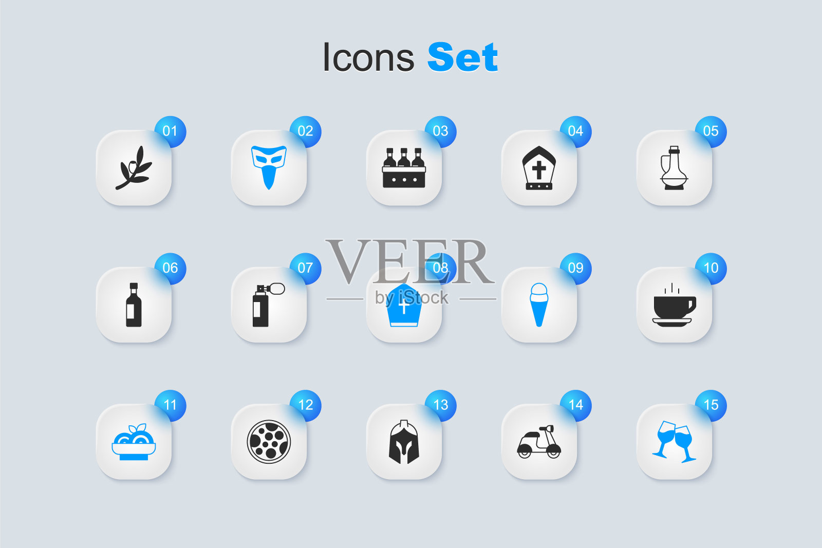 集摩托车，香水，狂欢节面具，意大利面意大利面，葡萄酒杯，咖啡杯，橄榄枝和教皇帽子图标。向量插画图片素材