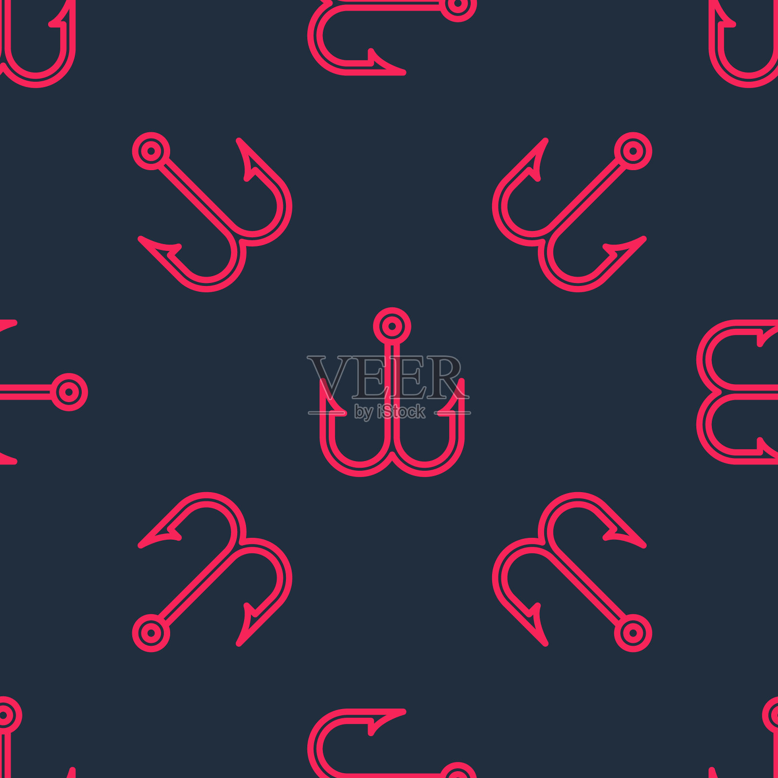 红线钓鱼钩图标隔离无缝图案黑色背景。渔具。向量插画图片素材