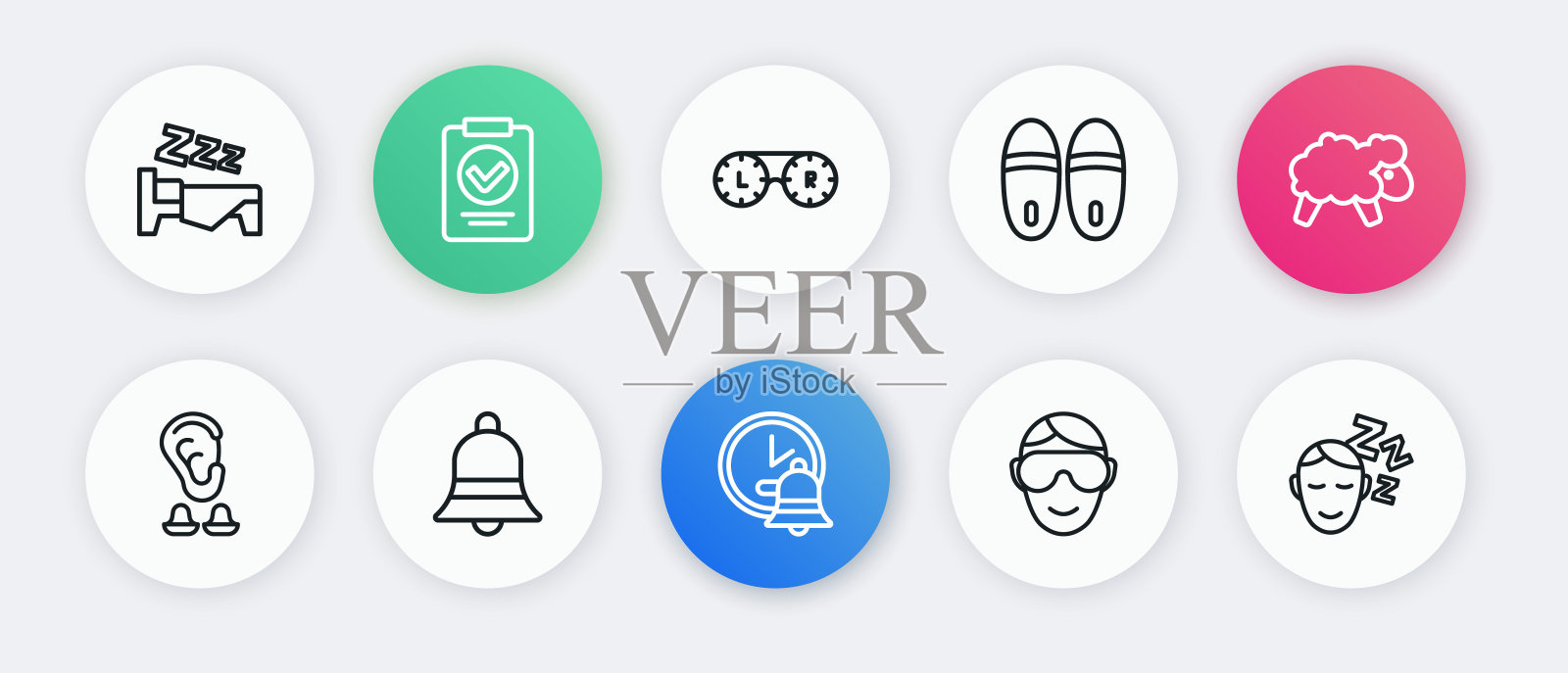 设置线闹钟，羊，耳塞和耳朵，眼睛睡眠面罩，拖鞋，隐形眼镜容器，梦想和铃声图标。向量插画图片素材