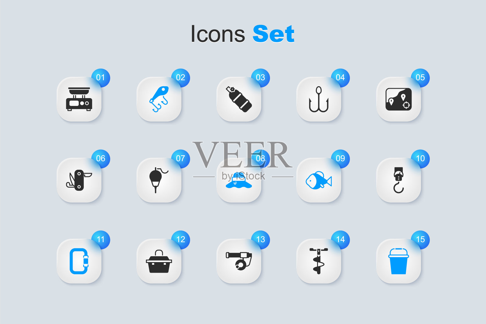 集手冰钻，钓鱼浮子，诱饵，钩环，桶，弹簧秤，电子秤和渔夫帽图标。向量插画图片素材