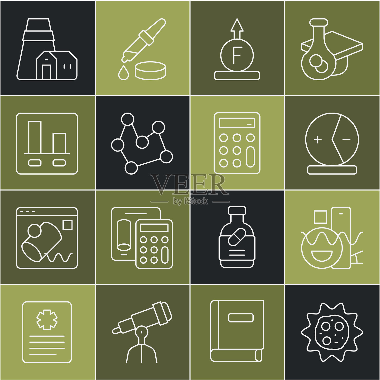 设置线病毒，基本几何形状，原子，物理公式的力，化学，图表信息图，发电站和计算器图标。向量插画图片素材