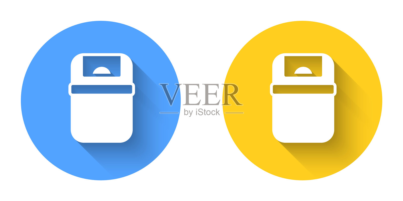 白色垃圾图标与长阴影背景隔离。垃圾桶标志。回收篮图标。办公室垃圾图标。圆按钮。向量插画图片素材