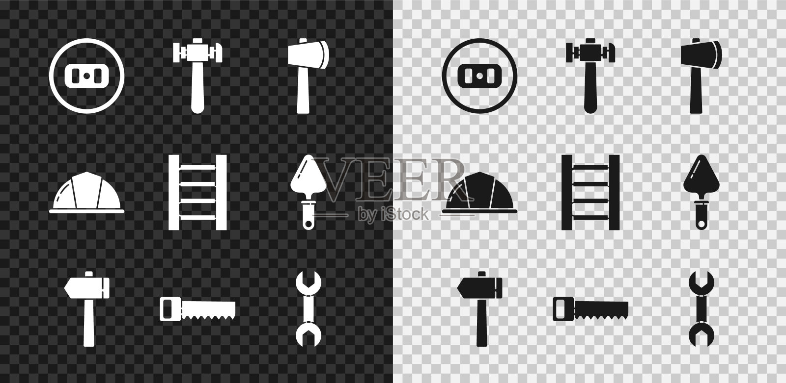 设置电源插座，锤子，木斧，手锯，扳手扳手，工人安全帽和楼梯图标。向量插画图片素材