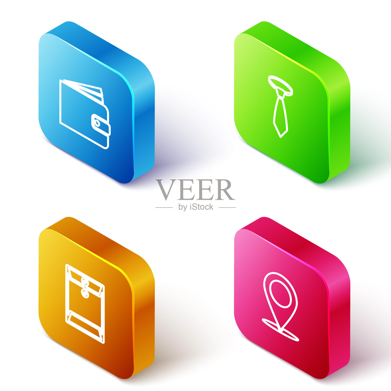 设置等距线钱包，领带，信封和地图别针图标。向量插画图片素材