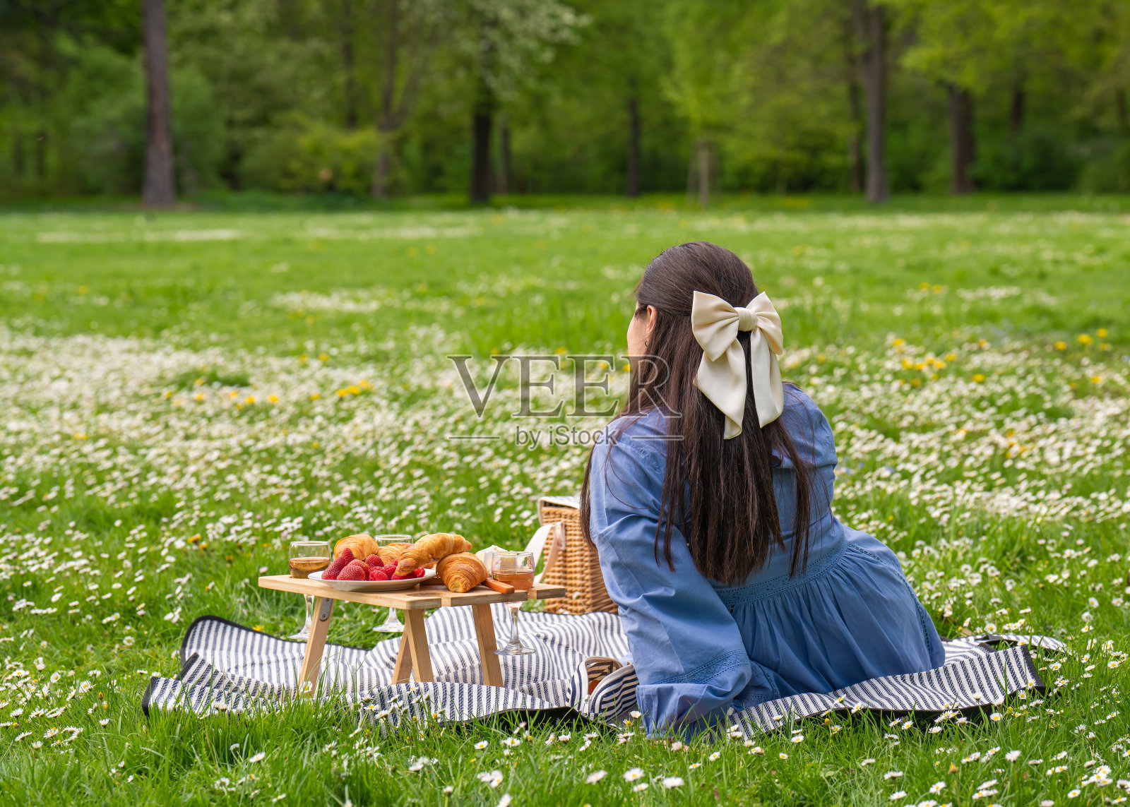 快乐的女人享受生活。花时间在大自然中。一位女士坐在公园的草地上，旁边有一张野餐桌，上面放着食物。后视图。头上有一个白色的蝴蝶结。他手里拿着杯子照片摄影图片