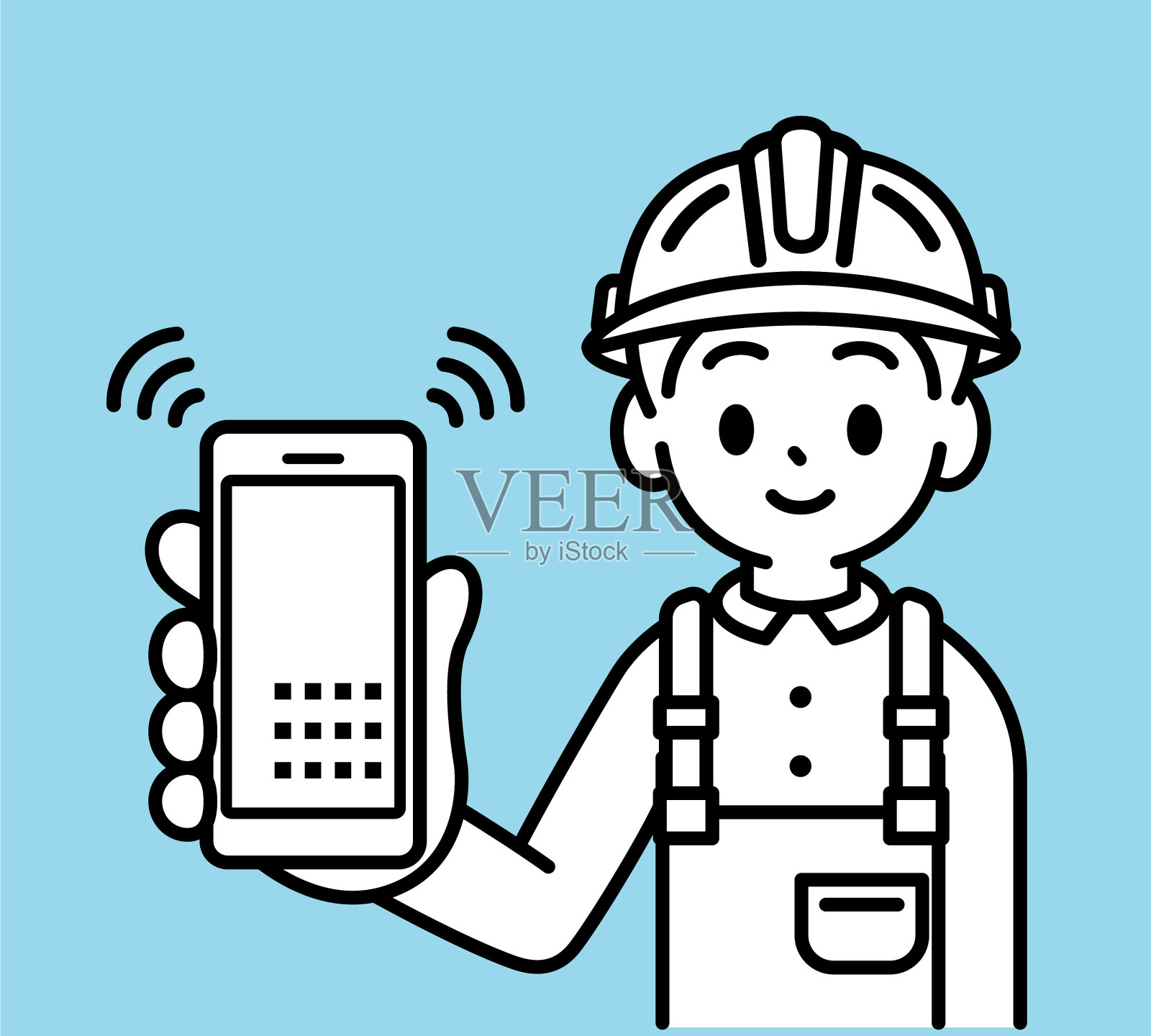 戴着安全帽，穿着背带或背带工作服的男孩，微笑着，展示智能手机屏幕，看着观众，极简主义风格，简单的线条画或建筑工人或建筑工人的图标插画图片素材