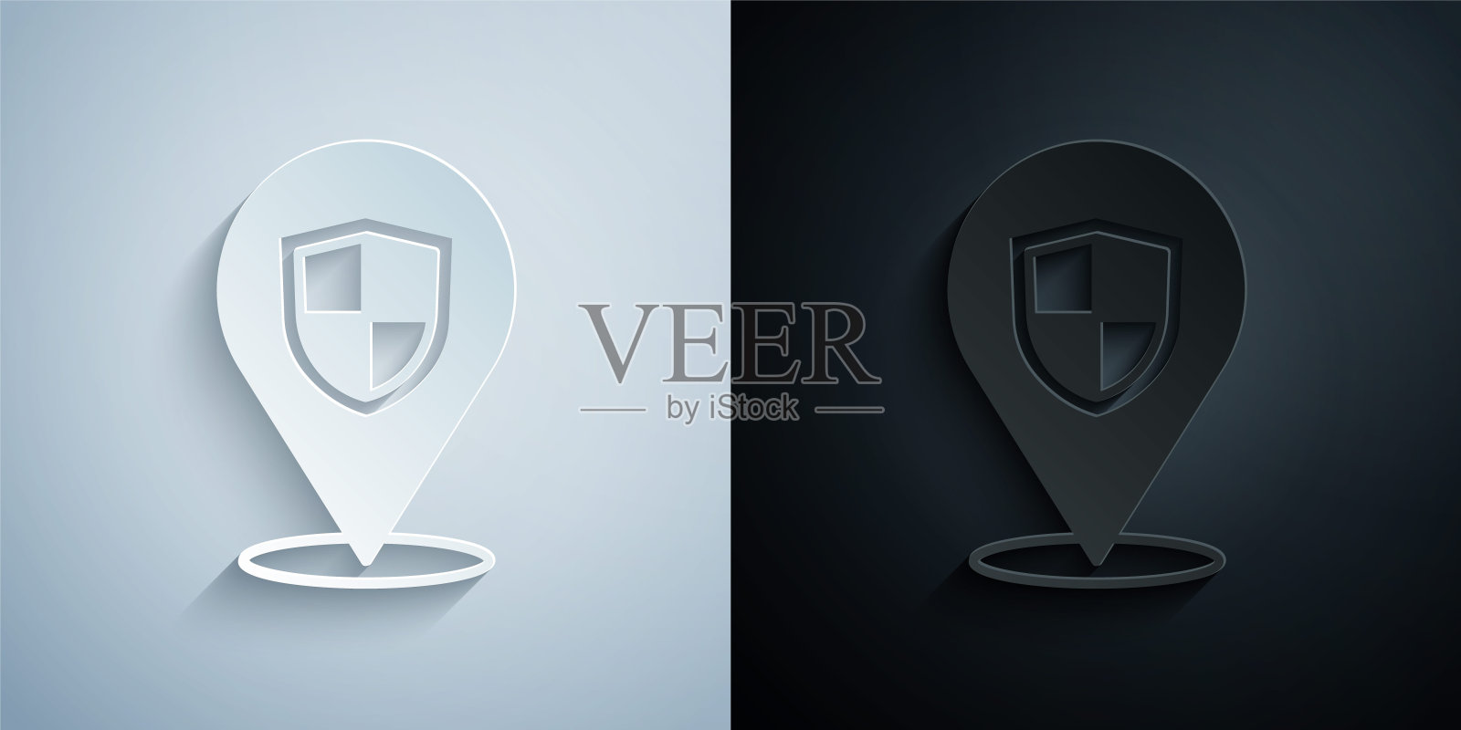 剪纸位置屏蔽图标隔离在灰色和黑色的背景。保险的概念。警卫队的迹象。安全、安全、保护、隐私的理念。纸艺风格。向量插画图片素材