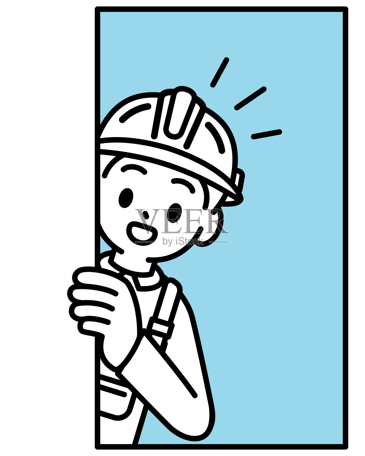 一个男孩戴着安全帽，穿着带背带或背带的工作服，微笑着透过窗户或门看着观众，这是一个简单的线条画或建筑工人或建筑工人的图标插画图片素材