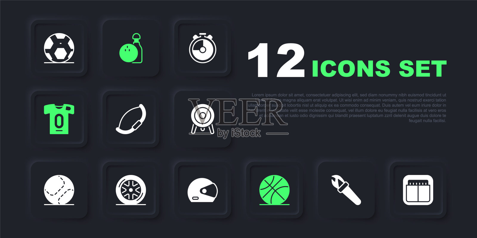 设置火炬火焰，运动机械记分牌，中世纪的弓，篮球，足球球衣和t恤，汽车车轮，保龄球瓶和赛车头盔图标。向量插画图片素材