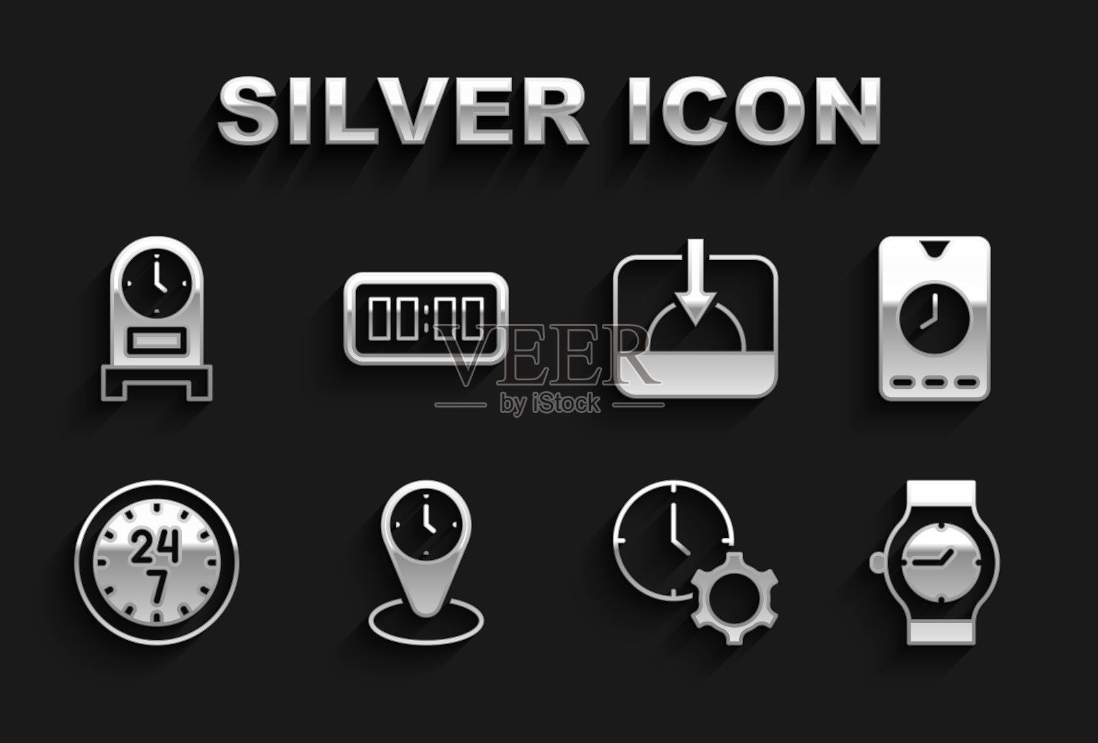 设置时区时钟，手机闹钟应用程序，腕表，管理，时钟24小时，日落，古董和数字闹钟图标。向量插画图片素材