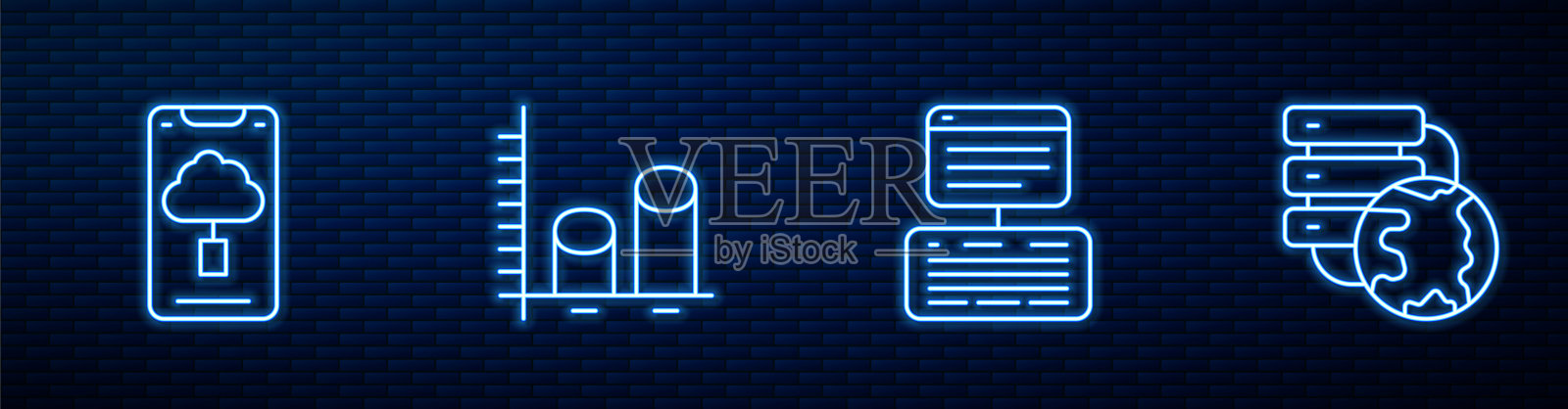 设置线服务器，数据，网络托管，云技术数据传输，分析和网络云连接。砖墙上发光的霓虹灯图标。向量插画图片素材